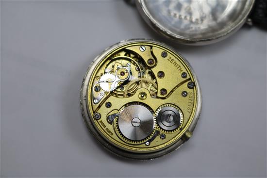 A gentlemans 1920s Zenith silver manual wind wrist watch, retailed by Birch & Gaydon.